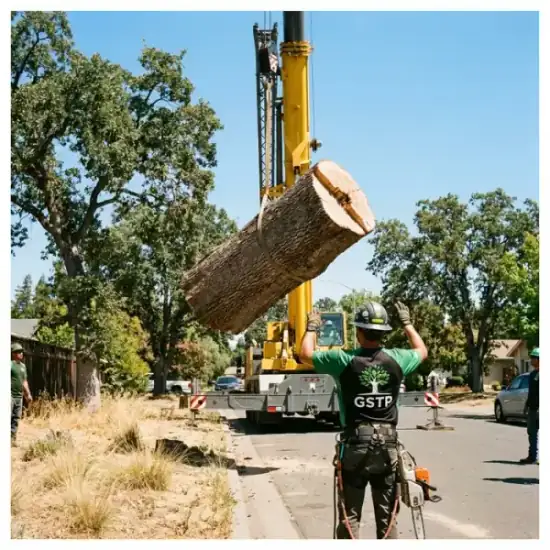 Crane lowering a tree section during a Oklahoma City removal